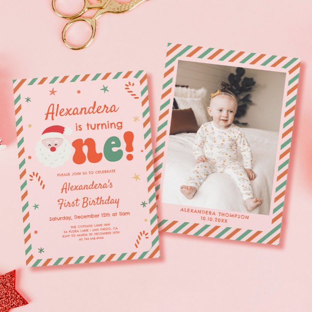 Photo Pink Christmas 1st Birthday Party Invitation (Creator Uploaded)