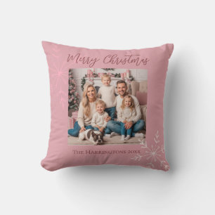 Photo Pink Christmas Script Hand Drawn Snowflakes Cushion