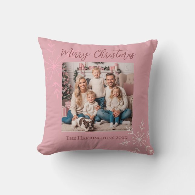 Photo Pink Christmas Script Hand Drawn Snowflakes Cushion (Front)