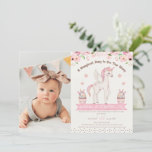 Photo Pink Cream Unicorn Magical Day 1st Birthday Invitation (Standing Front)
