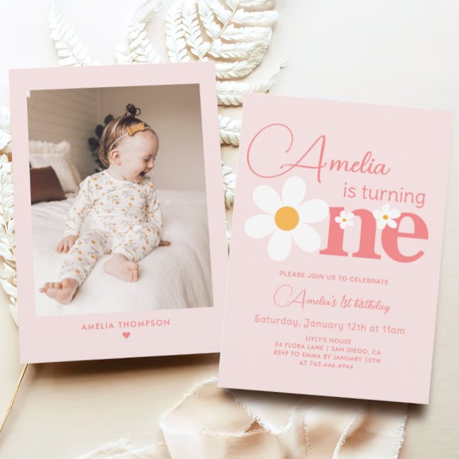 Photo Pink Daisy 1st Birthday Party Invitation (Creator Uploaded)