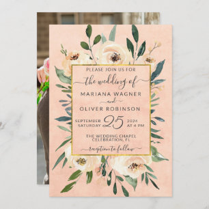 Photo Pink Floral Beige Gold Wedding Invitation