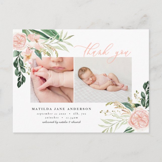 Photo pink floral elegant thank you birth announcement postcard (Front)