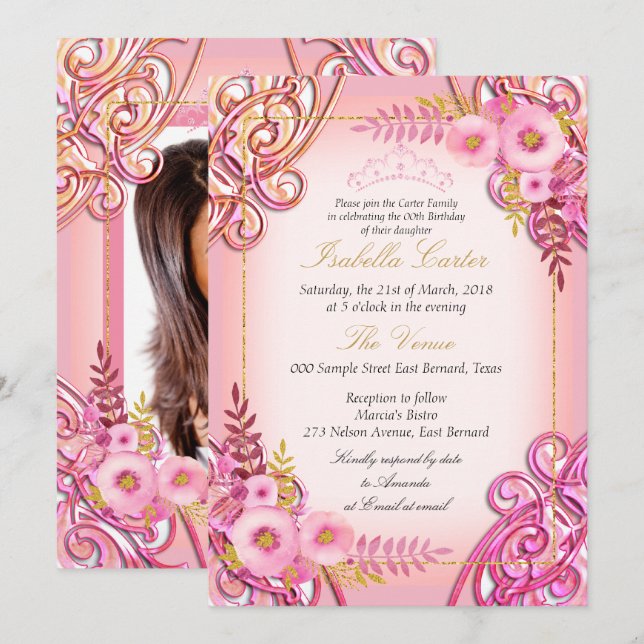 Photo Pink Floral Gold Tiara Birthday Party Invitation (Front/Back)