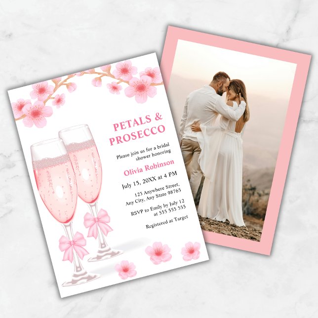 Photo Pink Floral Petals & Prosecco Bridal Shower Invitation (Photo Pink Bow Floral Petals & Prosecco Bridal Shower Invitation )