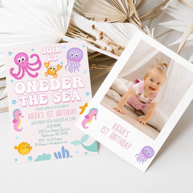Photo Pink Girls Oneder The Sea First Birthday Invitation (Oneder the Sea 1st Birthday Invitation Template Girl Photo Under the Sea 1st Birthday Invitation )