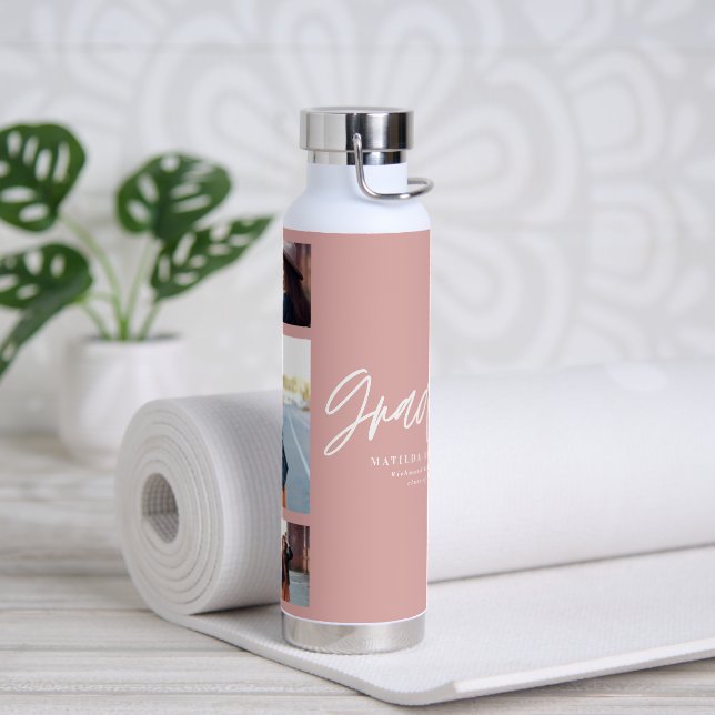 Photo pink girly graduation script modern elegant water bottle (Yoga)