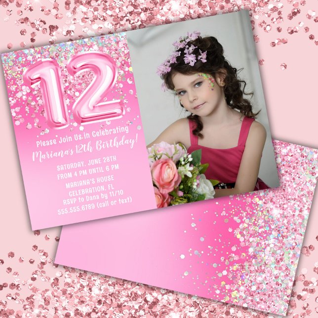 Photo Pink Glitter 12th Birthday Invitation (Creator Uploaded)