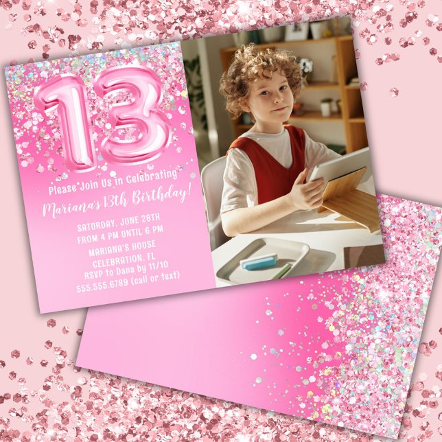 Photo Pink Glitter 13th Birthday Invitation (Creator Uploaded)