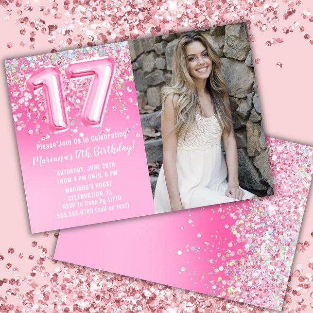 Photo Pink Glitter 17th Birthday Invitation (Creator Uploaded)