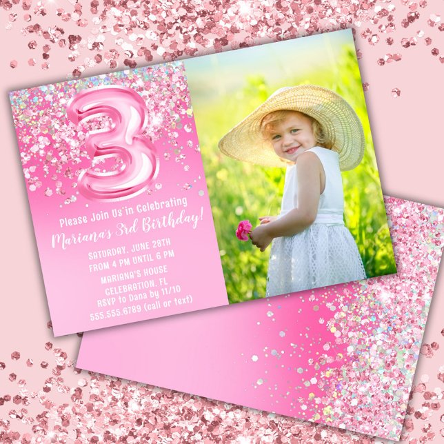 Photo Pink Glitter 3rd Birthday Invitation (Creator Uploaded)