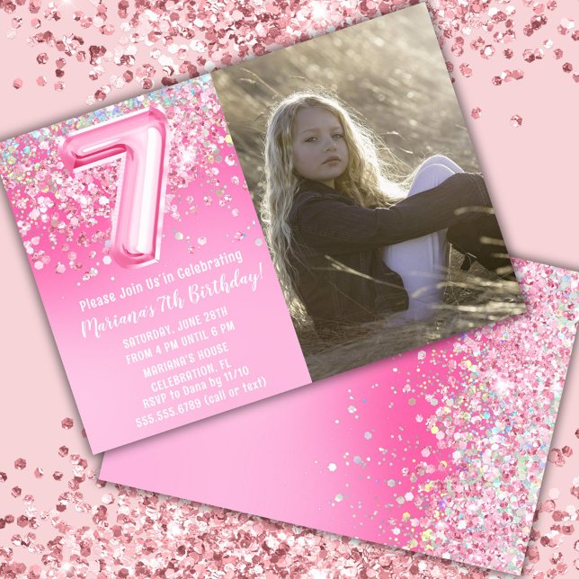 Photo Pink Glitter 7th Birthday Invitation (Creator Uploaded)