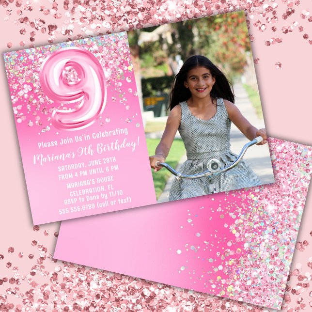 Photo Pink Glitter 9th Birthday Invitation (Creator Uploaded)