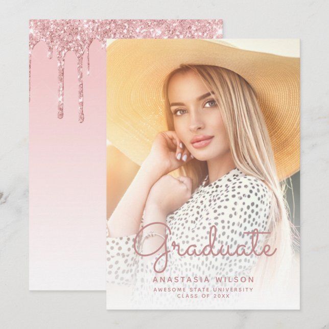 Photo Pink Glitter Glam Graduation Announcement (Front/Back)
