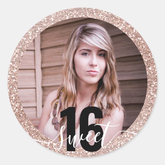 Photo Pink Glitter Ombre Sweet 16th Birthday  Classic Round Sticker (Front)