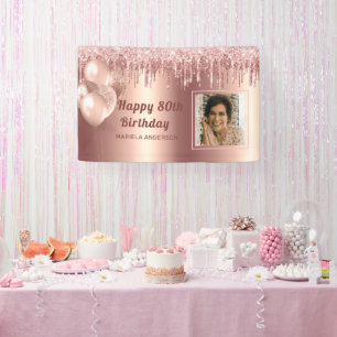 Photo Pink Gold 80th Birthday Personalized glitter Banner