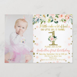 Photo Pink Gold Floral 1st Birthday Invitation