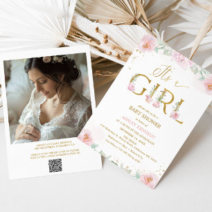 Photo Pink Peonies It's a Girl Baby Shower Invitation
