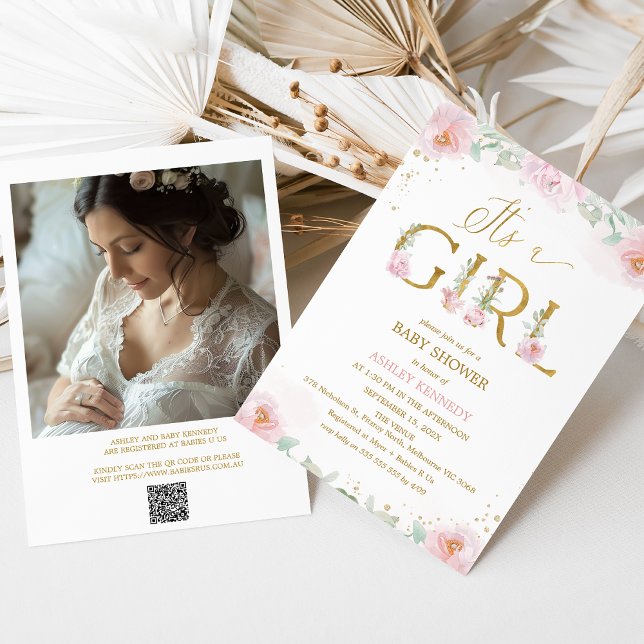 Photo Pink Peonies It's a Girl Baby Shower Invitation (Floral It's a Girl baby Shower Invitation Template, Pink Peonies Baby Shower Invitation Girl QR Code)