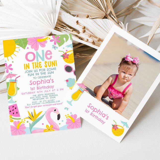 Photo Pink Pool One In The Sun 1st Birthday Invitation (One In The Sun 1st Birthday Invitation Template Baby Girl, Photo Sun Themed 1st Birthday Invitation )