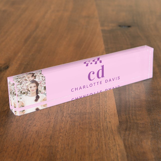 Photo pink purple monogram initials name  nameplate (Side)