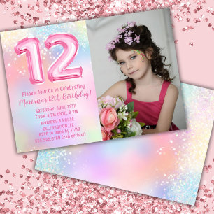Photo Pink Rainbow 12th Birthday Invitation