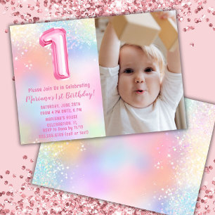 Photo Pink Rainbow 1st Birthday Invitation