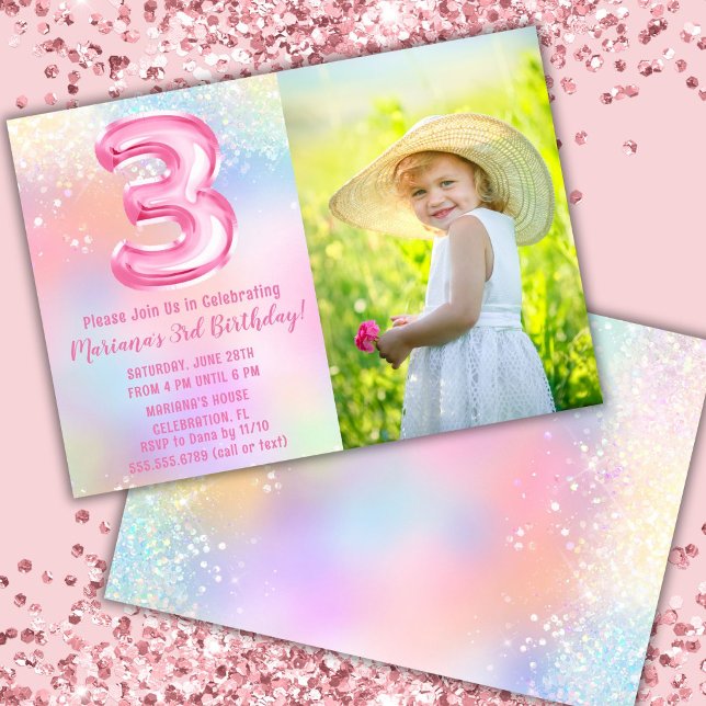 Photo Pink Rainbow 3rd Birthday Invitation (Creator Uploaded)