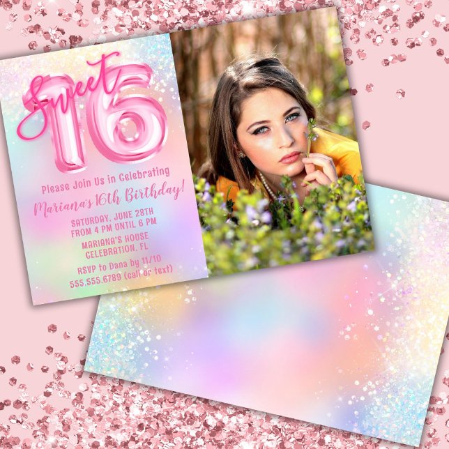 Photo Pink Rainbow Sweet 16th Birthday Invitation (Creator Uploaded)