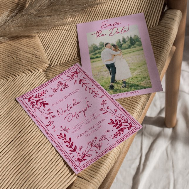 Photo Pink Raspberry Drawn Floral Save The Date (Creator Uploaded)