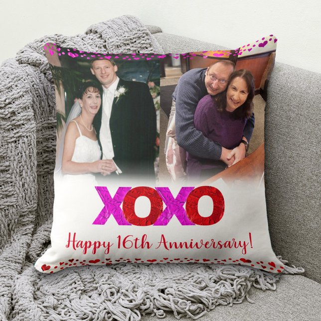 Photo Pink Red XOXO Anniversary Then and Now Chic Cushion (Creator Uploaded)