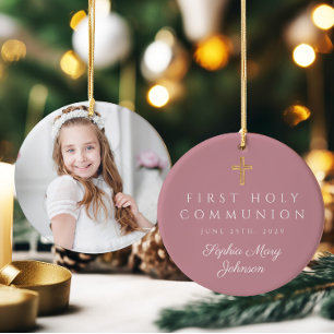 Photo Pink Religious Cross Girl First Communion Ceramic Tree Decoration