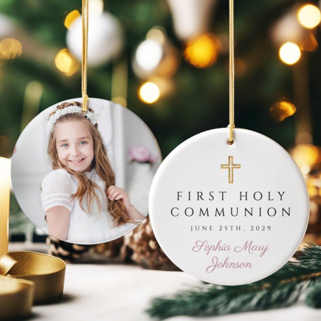 Photo Pink Religious Cross Girl First Communion Ceramic Tree Decoration (Photo Pink Religious Cross Girl First Communion Ceramic Ornament)