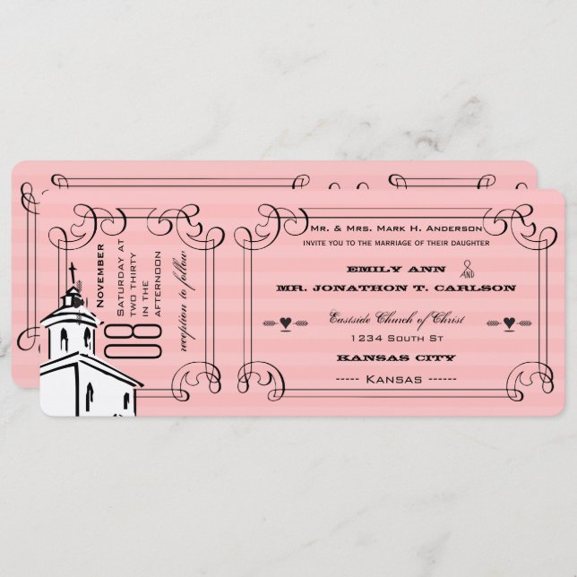 Photo Pink Romantic Chapel Ticket Wedding Invitation (Front/Back)