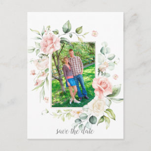 Photo Pink Roses Eucalyptus Greenery Save The Date Postcard