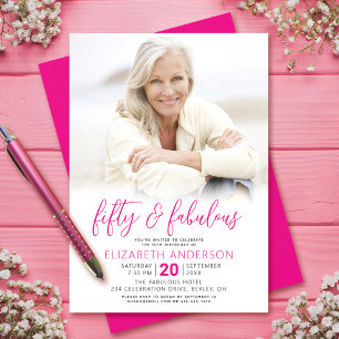 Photo Pink Script 50 Fabulous Birthday Bold White Invitation