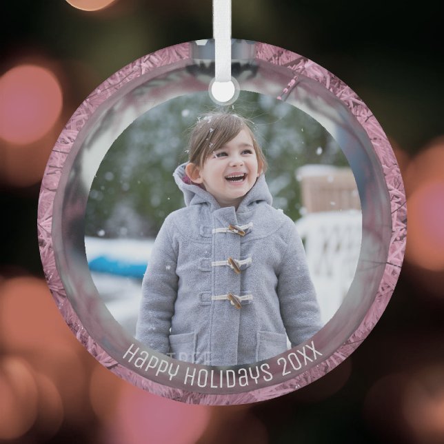 Photo Pink Silver Bauble Overlay Happy Holidays  Glass Tree Decoration (Add your photo to this cute pink Christmas tree hanging ornament)