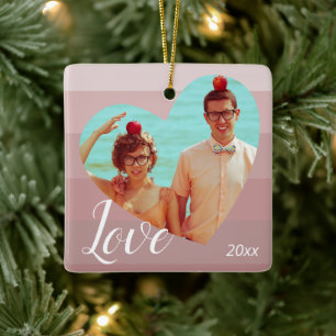 Photo Pink Stripe Heart Valentine’s Day Ceramic Ornament