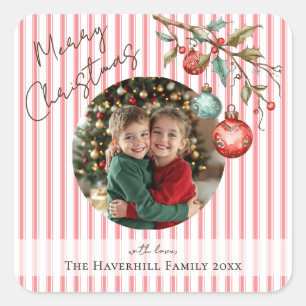 Photo Pink Stripes & Ornaments Merry Christmas Square Sticker