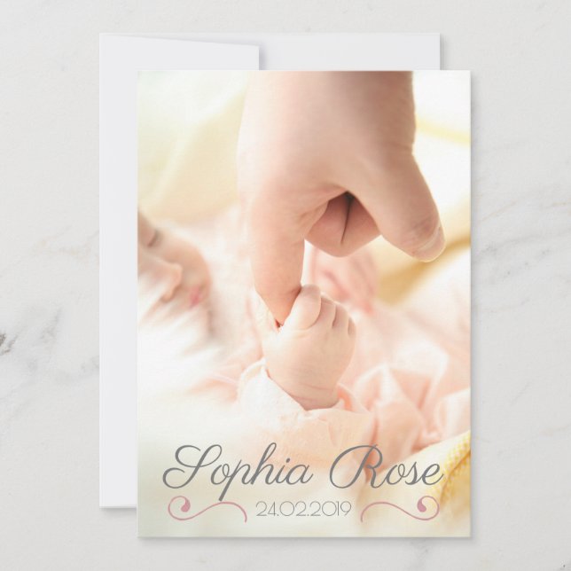 Photo Pink Swirl Script Baby Girl Birth Announcement (Front)