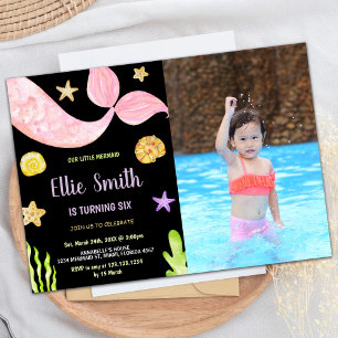 Photo Pink Tail Little Mermaid Birthday Invitation