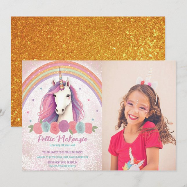 Photo Pink Unicorn, Roses, Rainbow Birthday Party Invitation (Front/Back)