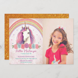 Photo Pink Unicorn, Roses, Rainbow Birthday Party Invitation