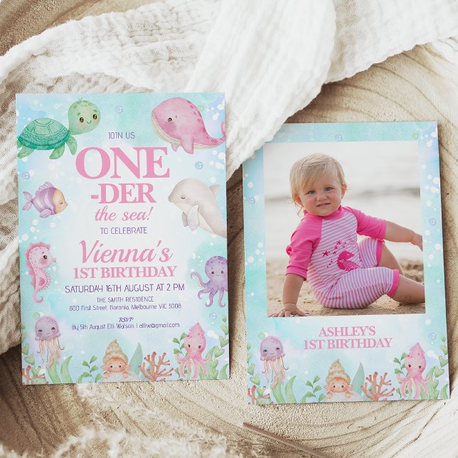 Photo Pink Whale Under the Sea 1st Birthday Invitation (One-der the sea girl's 1st birthday invitation featuring various sea creatures and a photo)