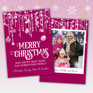 Photo Pink White String Lights Christmas Card