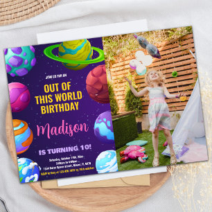 Photo Pink Yellow Outer Space Birthday Invitations