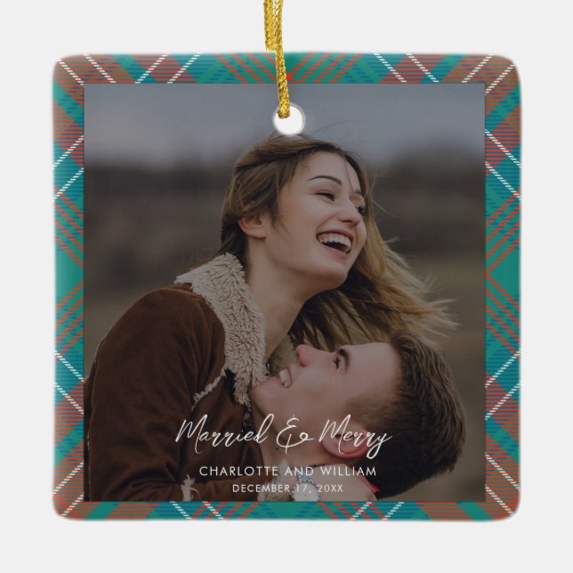 Photo Plaid Newlywed Photo Wilson Tartan Christmas Ceramic Ornament (Front)