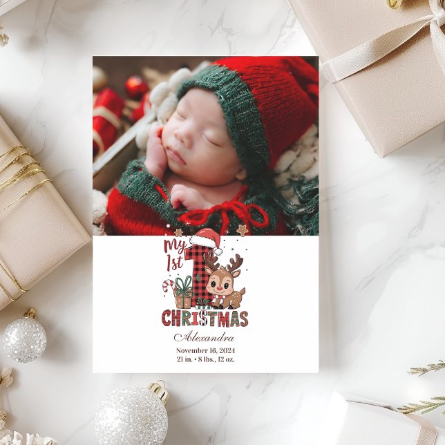 Photo Plaid Reindeer First Christmas Holiday Card (Creator Uploaded)