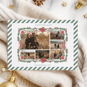 Photo Poinsettia Botanical Stripe Christmas Holiday Card