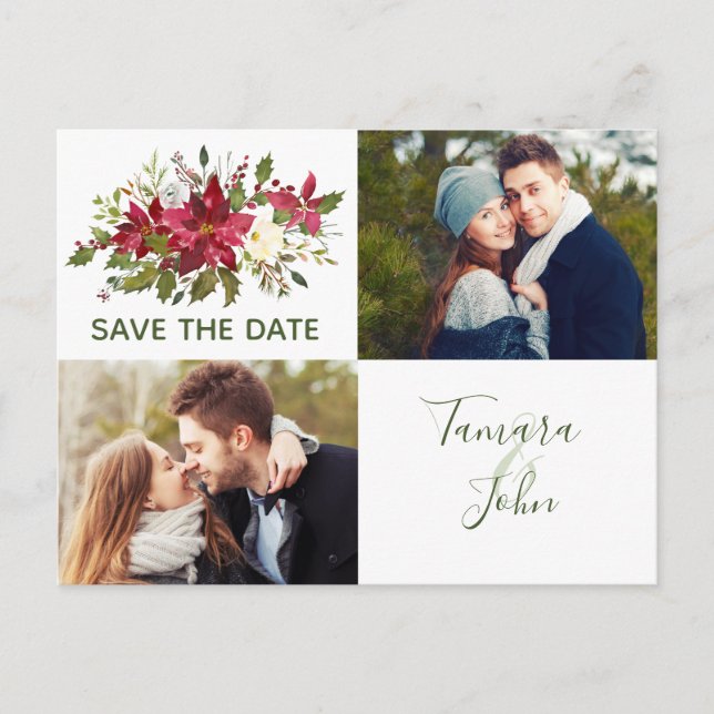 Photo Poinsettia Christmas Greenery Save The Date Announcement Postcard (Front)
